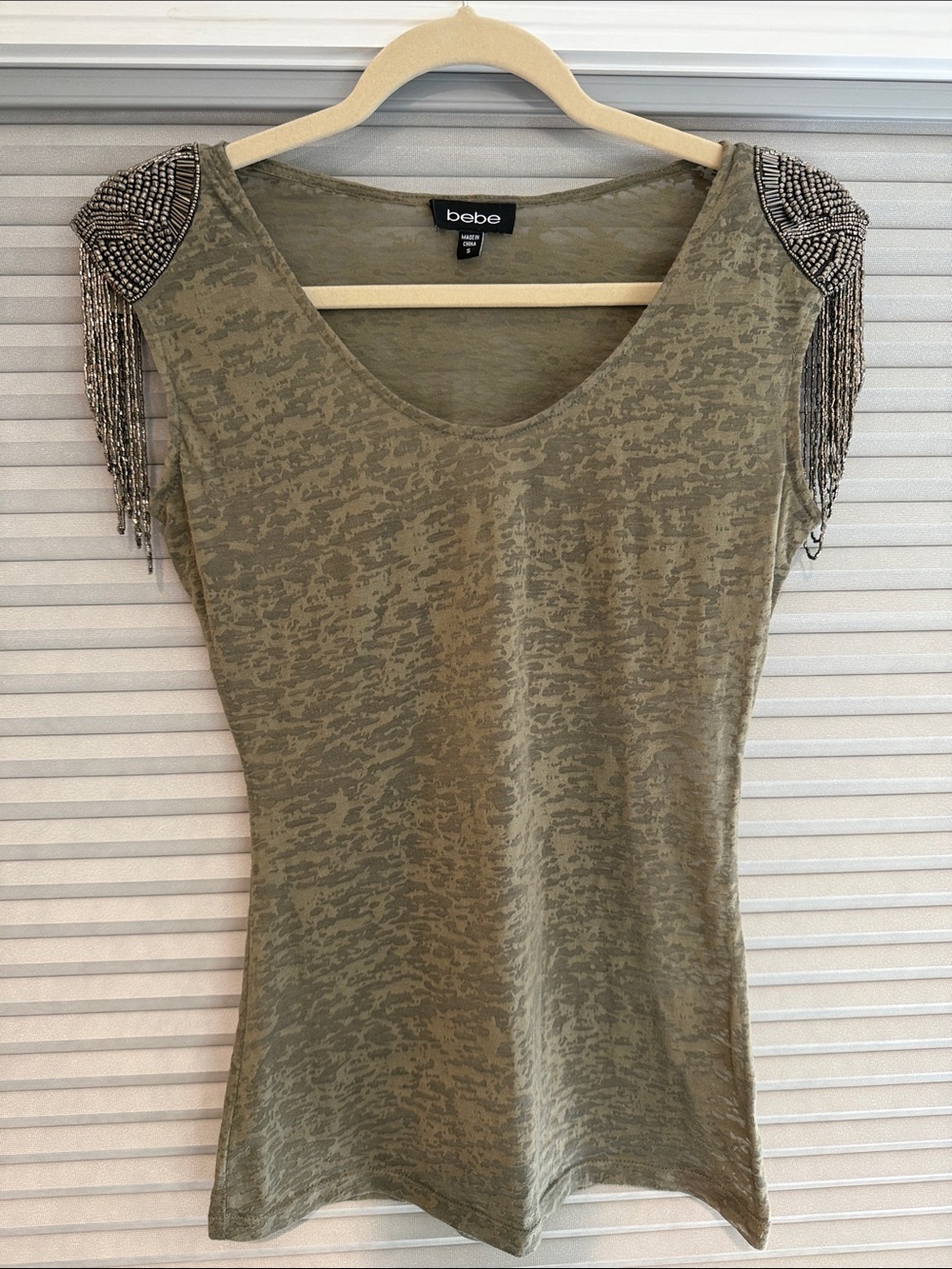 New bebe Olive Beaded Fringe Shoulder Tank- size S